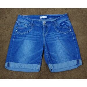 No Boundaries Women Size‎ 13 Denim Bermuda Shorts Dark Tint Embroidered Pockets